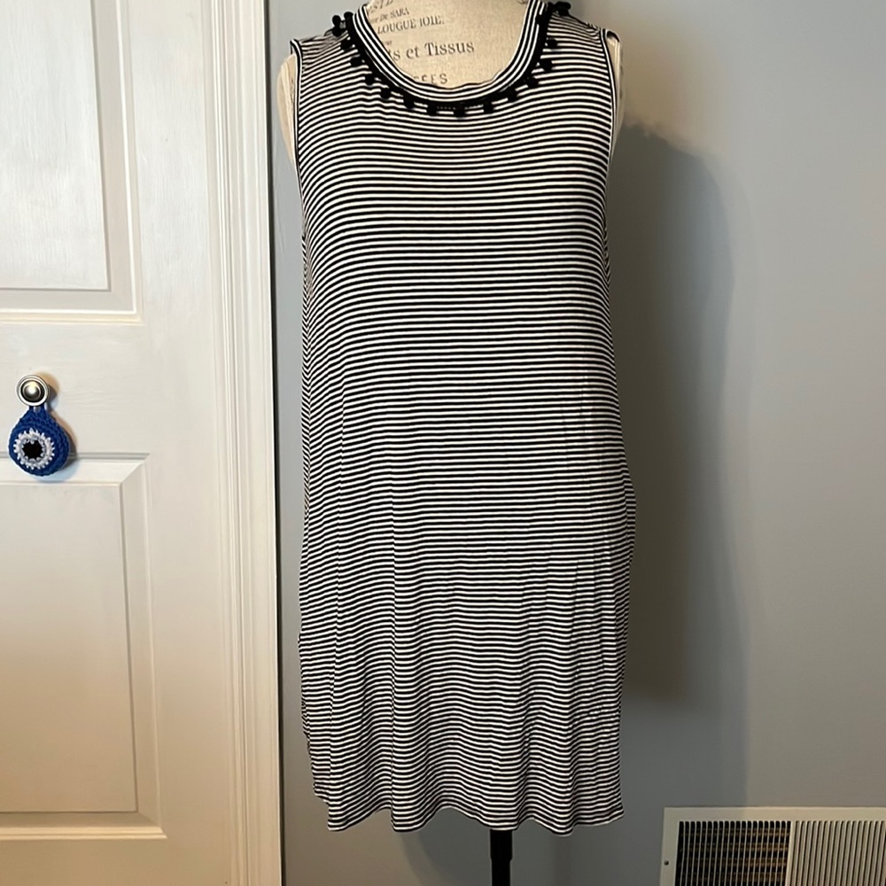 Black and white striped Pom Pom swing dress with pockets.